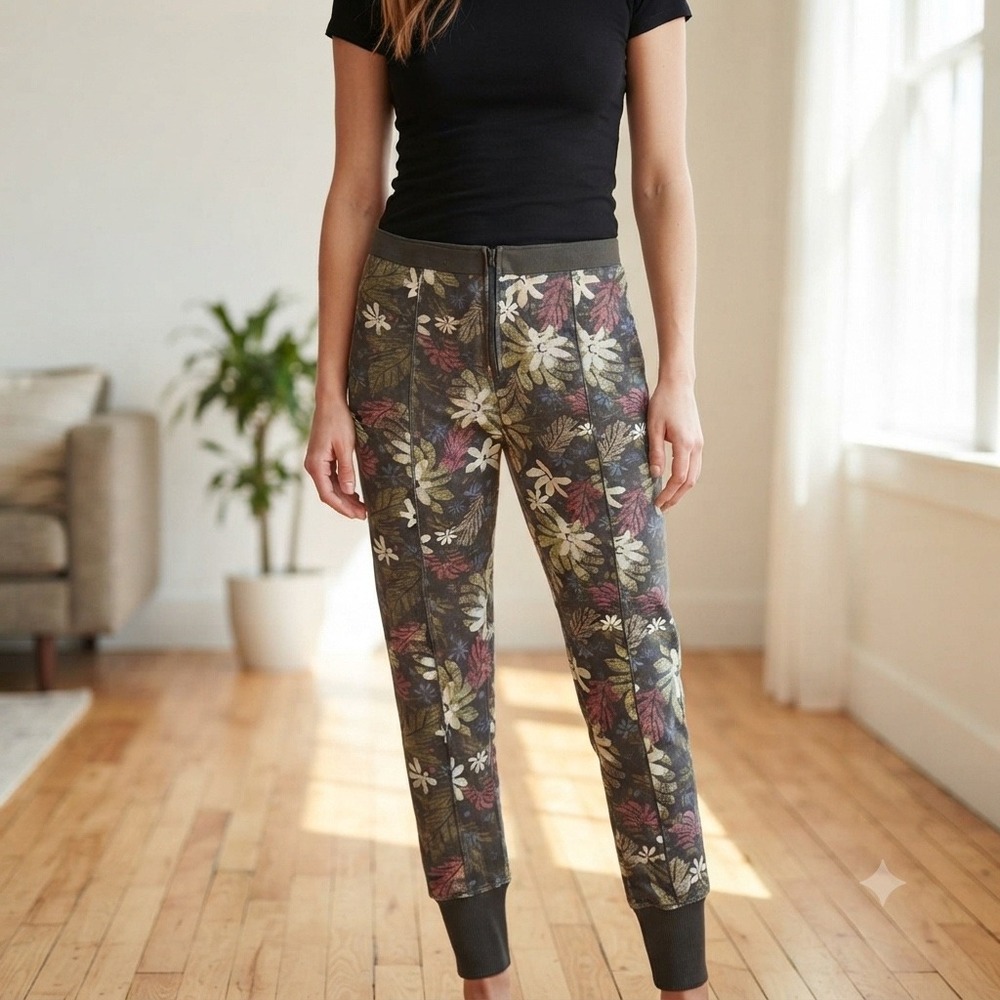 Saturday Sunday Anthropologie Floral Joggers Green Pink French Terry Zipper S